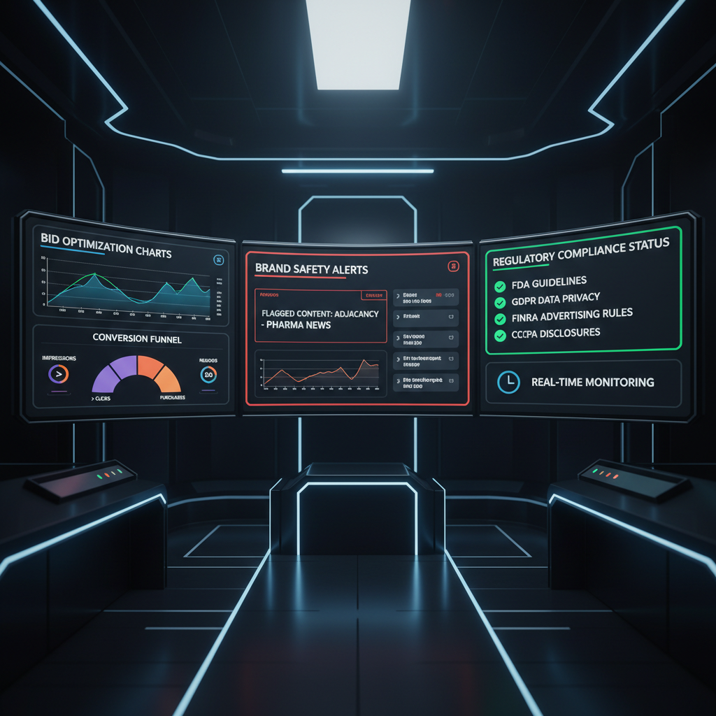 A close-up of a sophisticated digital campaign control center for regulated industries, featuring a large curved monitor wall filled with synchronized dashboards: bid optimization charts, conversion funnels, brand safety alerts, and regulatory compliance status indicators. Each panel displays clean, color-coded data visualizations with sharp typography and minimalist icons. The room is a darkened, ultra-modern operations space, with subtle blue accent lights tracing the edges of black metal consoles. Soft, focused studio lighting highlights the glossy screens while keeping the surroundings subdued, creating a cinematic mission-control atmosphere. Photographic realism, captured from an eye-level perspective with strong depth of field so every chart is legible. The composition is centered on the main dashboard cluster, suggesting real-time optimization, precision targeting, and risk-aware decision-making in regulated product marketing.
