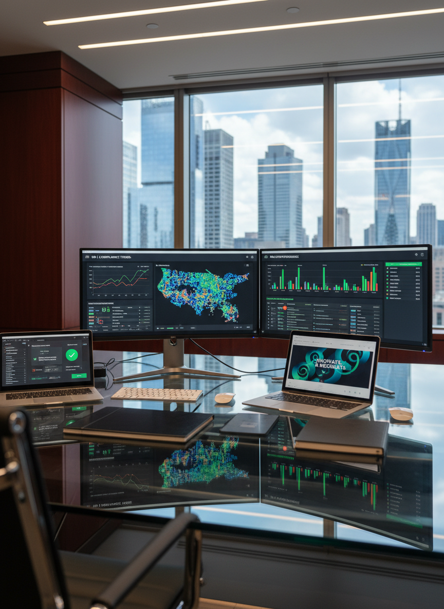 A sleek glass-top desk covered in high-end digital marketing tools for regulated products: dual ultra-wide monitors displaying detailed analytics dashboards with colorful ROI graphs, geo-targeted heat maps, and placement-level performance charts. Around them, premium laptops and tablets show compliance checklists and ad preview mockups featuring abstract product icons, never real substances. The space is a modern corporate office with dark wood accents and a city skyline visible through floor-to-ceiling windows. Cool, diffused daylight from the windows combines with subtle overhead LED lighting, creating crisp reflections on the desk surface. Photographic realism, shot from a slightly elevated angle with a shallow depth of field, emphasizing the glowing screens and data clarity. The mood is professional, data-driven, and forward-thinking, conveying precision and control in regulated marketing.