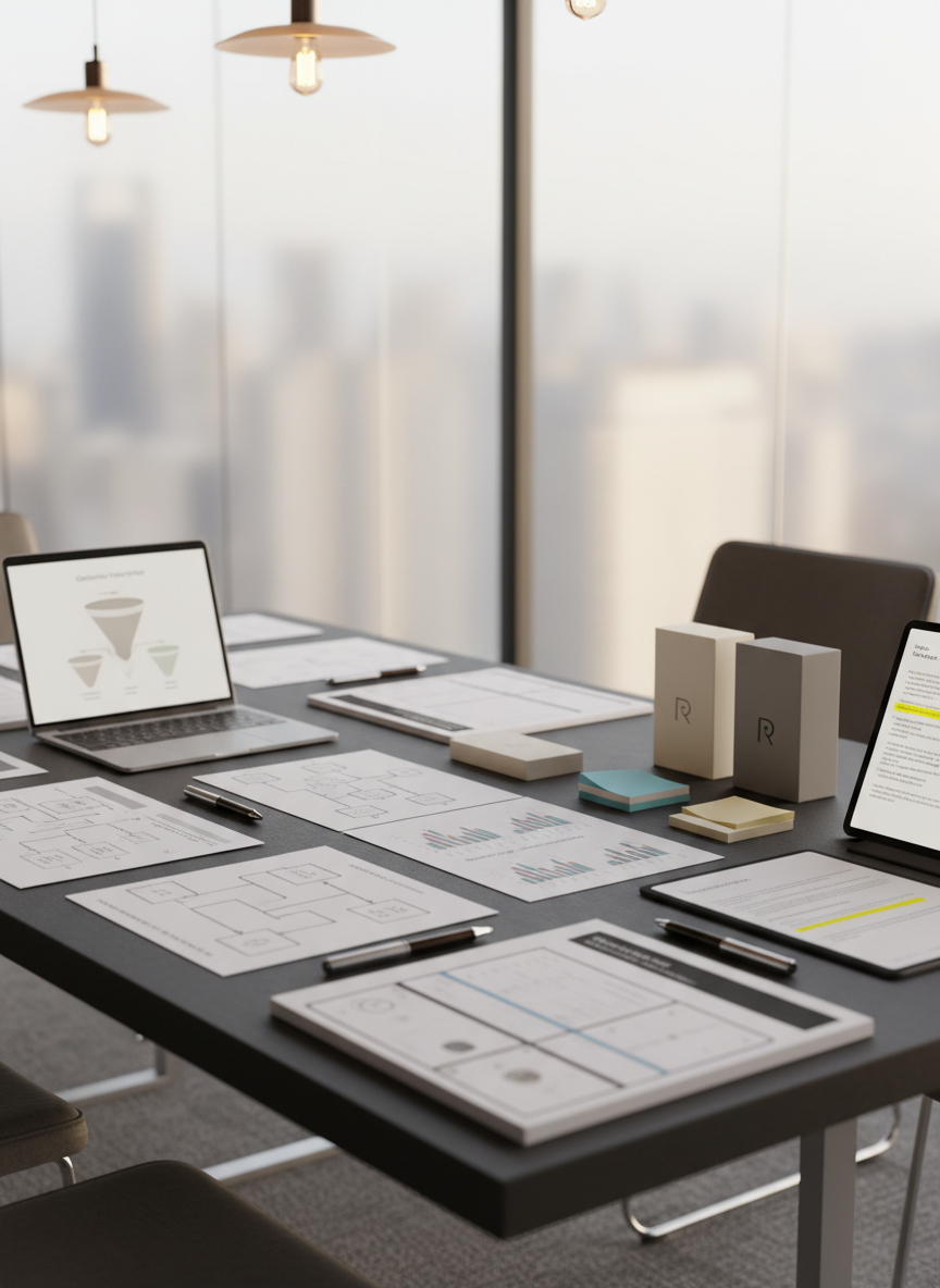 A meticulously organized strategy table for a regulated products brand, featuring neatly arranged printed media plans, flowcharts, and ROI projections spread across a matte charcoal surface. Branded, unmarked product packaging mockups in neutral tones sit beside color-coded sticky notes and metallic pens. An open laptop displays a clean marketing funnel diagram, while a nearby tablet shows compliance guidelines with highlighted sections. The setting is a bright, minimal conference room with frosted glass walls and a faint cityscape beyond. Soft afternoon natural light pours in, complemented by warm overhead pendant lighting that creates gentle shadows and subtle paper textures. Photographic realism, shot from a slightly elevated three-quarter angle using a shallow depth of field to keep the central documents sharp. The mood is focused, methodical, and professional, emphasizing thoughtful planning and measured growth.